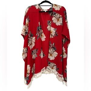 Red Floral Umgee Open Front Kimono Top - Boho with Fringe Tassels (Size M/L)